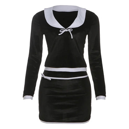 Bow Color Patchwork Velvet 2 Piece Set Women Elegant Sexy Peter Pan Collar Long Sleeve Tops + Bodycon Mini Skirts Casual Suits