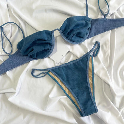 Sexy Denim Look Bikini Swimsuit Women Shirring Swimwear High Leg Two Piece Bathing Suit Beachwear Biquini