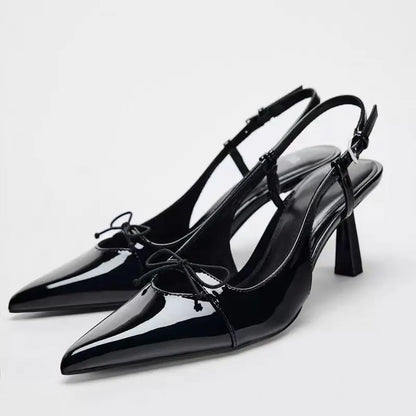Pointed Heel Sandals Female Shoe Women's Shallow Mouth Girls Beige Bow Spring Leather High New Stiletto Closed Back Strap S
