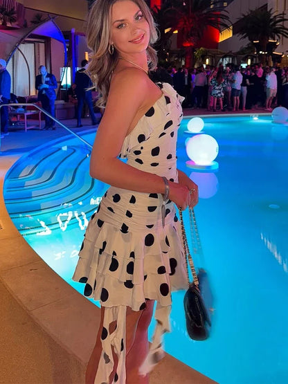 Women's Sexy Off Shoulder Dresses Chic Polka Dot Halter Mini Gowns Elegant Layered Ruffle Strap Slim Fit Party Lady Vestido
