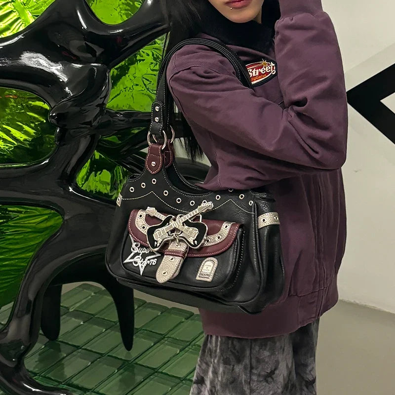 Cool Y2k Girls Underarm Bags Fashion Pu Leather Women's shoulder Bag Punk Metal Guitar Decorate Shoulder Crossbody bags