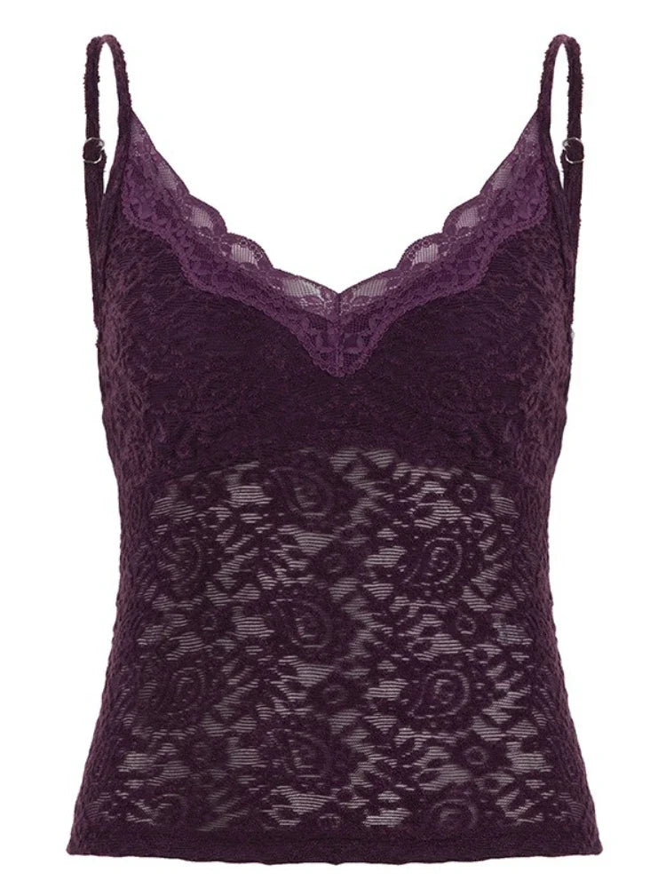 Women Summer New V Neck Cami Top Fashion Hollow Lace Sleeveless Tank Top Basic Layering Camisole for Club Street Party