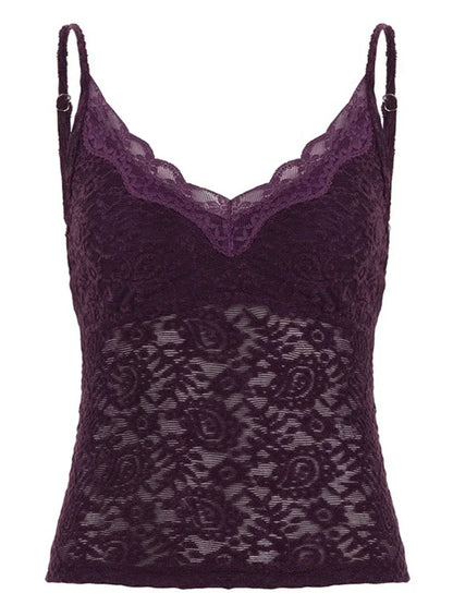Women Summer New V Neck Cami Top Fashion Hollow Lace Sleeveless Tank Top Basic Layering Camisole for Club Street Party