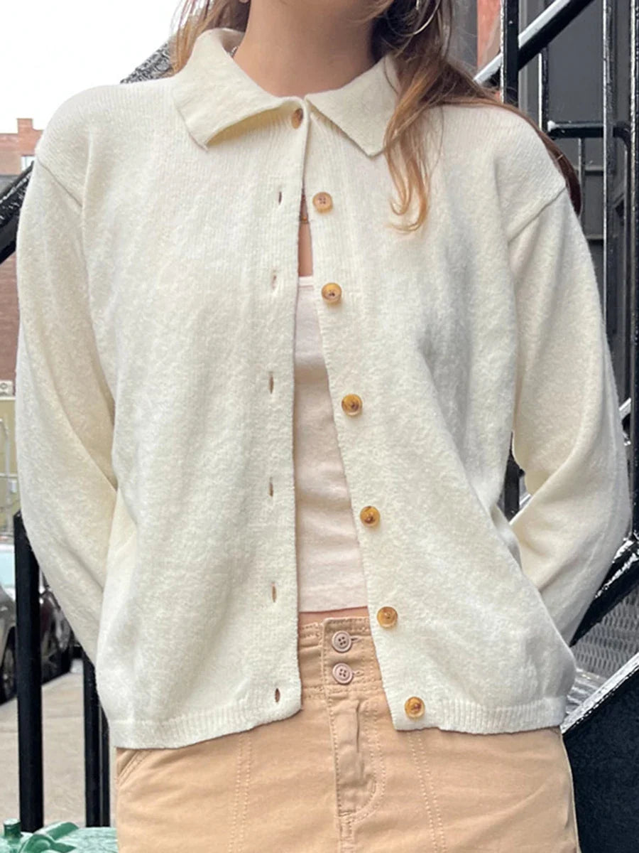 Vintage Button Soft Knitted Cardigan Femme Autumn Cotton Warm Turn Down Collar Sweaters Coat Harajuku Casual Women Sweater Tops