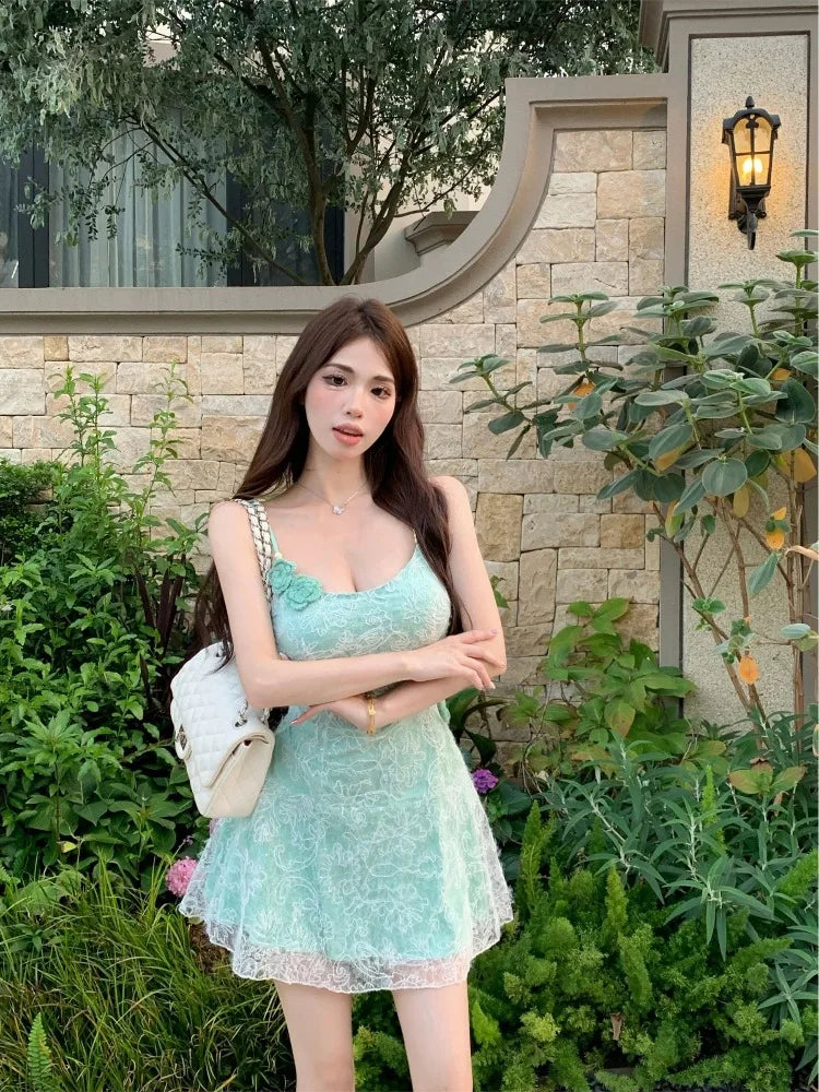 Mini Dresses Women Flowers Lace Patchwork Slim Slash Neck Backless Party Dress Female Sexy Elegant Holiday Casual