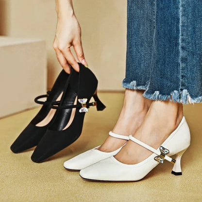 Fashion Elegant High Heels for Women Square Toe Thin Heels Office Shoes Fashion Shallow Diamond Bow Mary Jane Shoes Women Pumps