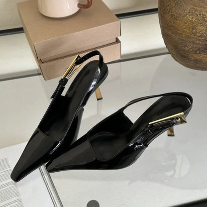 Street Style Sexy Pointed Toe Metal Buckle Strap Women Pumps Stripper Sandals Slingback High Heels Female Shoes