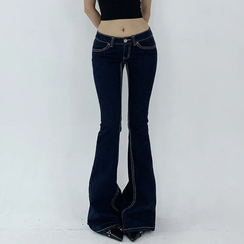 Vintage Dark Blue Y2K Flare Jeans Women Low Rise Skinny Denim Trousers Fashion Basic Boot Cut Pants Retro High Street