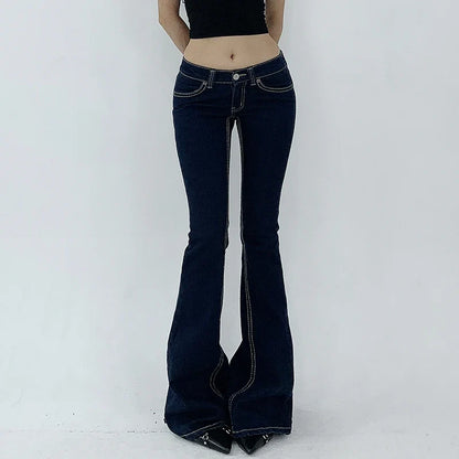 Vintage Dark Blue Y2K Flare Jeans Women Low Rise Skinny Denim Trousers Fashion Basic Boot Cut Pants Retro High Street