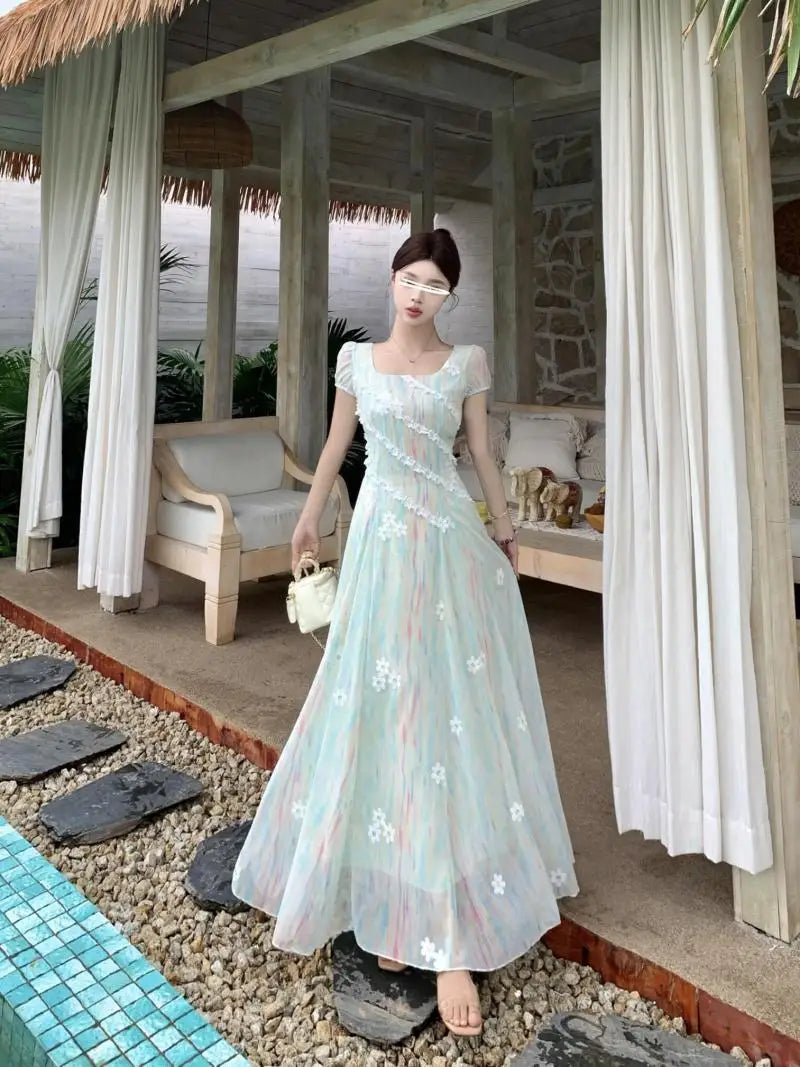 French High-Grade Sweet Dress Women's New Summer Fashion Chic Print Slim Medium Length Pear Shape Evening Dresses
