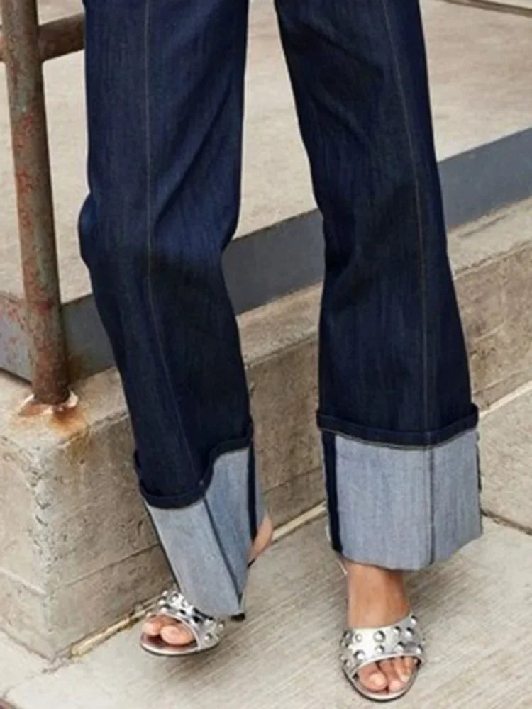 Female Straight Leg Jeans New Autumn Fashion Patchwork Imitation Denim High Waisted Casual Trousers Bottoms