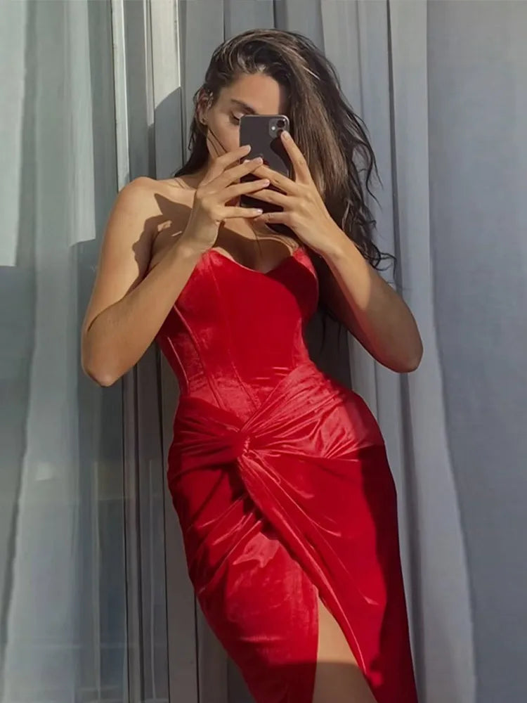 Women Bandage Backless Knotted Long Dress Velvet Split Sleeveless Slim Evening Party Hip Package Dresses Female Sexy Gown Robe