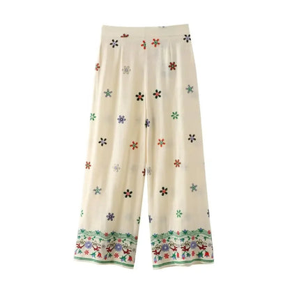 Holiday Embroidery Floral Shirts Women Blouses Suit Tops Two Piece Sets with Button 2024 Summer Vintage Elegant Woman Pant Suit