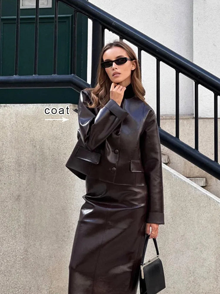 Women Elegant Ancora Red Zipper Leather Jacket 2 Piece Set Fashion High Waist Solid Cropped Mini Skirt Suit Lady Streetwear
