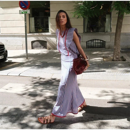 Elegant Printed Striped Flying O Neck Sleeve Tops Set Causal High Waist Long Slim Dresses Suits Summer Female High Street Outfit