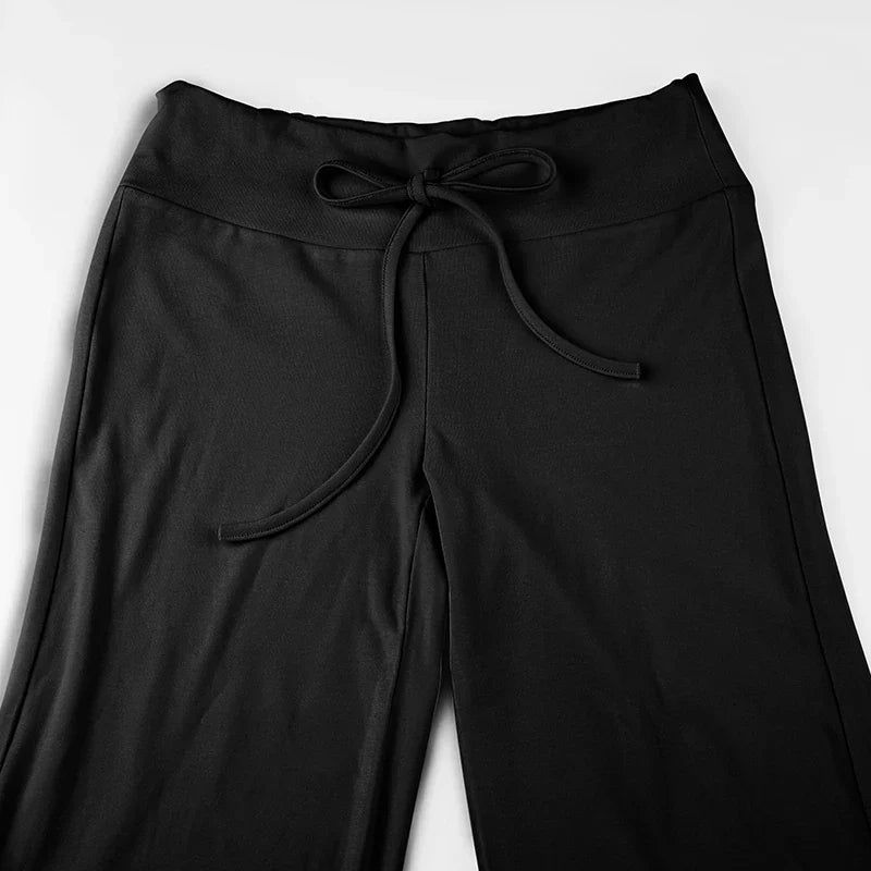 Drawstring Solid Women Slacks Turndown Waist Straight Casual Pants Concise Knitted Sweatpants All-matched Trousers Home