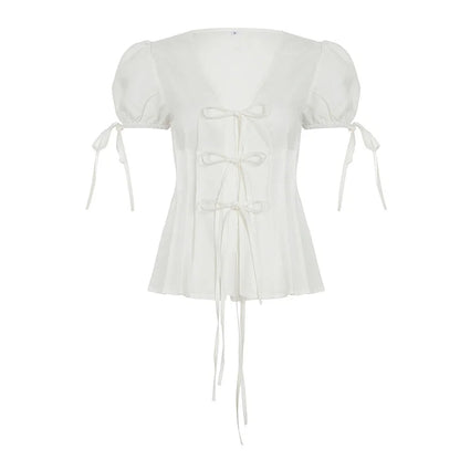 Spring Summer French Style V-Neck Pleated Blouse With Waist Tie Lightweight Solid Color Cardigan Top Casual Office Wear