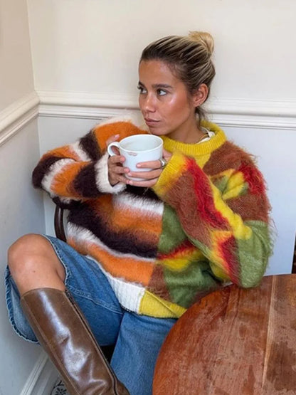 Mohair Contrast Color Knitted Sweater Women Chic Jacquard Loose Striped O-neck Long Sleeve Pullover Soft Furry Autumn Jumper