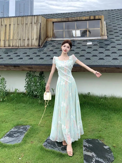 French High-Grade Sweet Dress Women's New Summer Fashion Chic Print Slim Medium Length Pear Shape Evening Dresses
