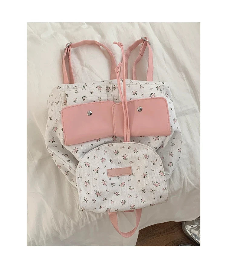Summer Floral Canvas Bag for Women's Fashion Backpack Korean Niche Versatile Travel Backpacks