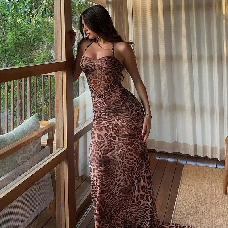Leopard Print Backless Sexy Maxi Dress For Women Gown Halter Off-shoulder Sleeveless Bodycon Beach Long Dress Vestido