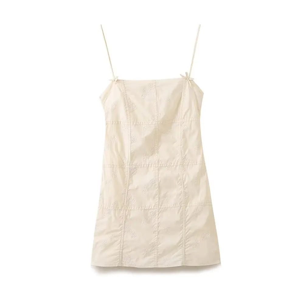 Solid Beige Plaid Embroidery Short Dress Sleeveless Sqaure Collar Casual Bow Women Dress Sweet Chic Summer Vestidos