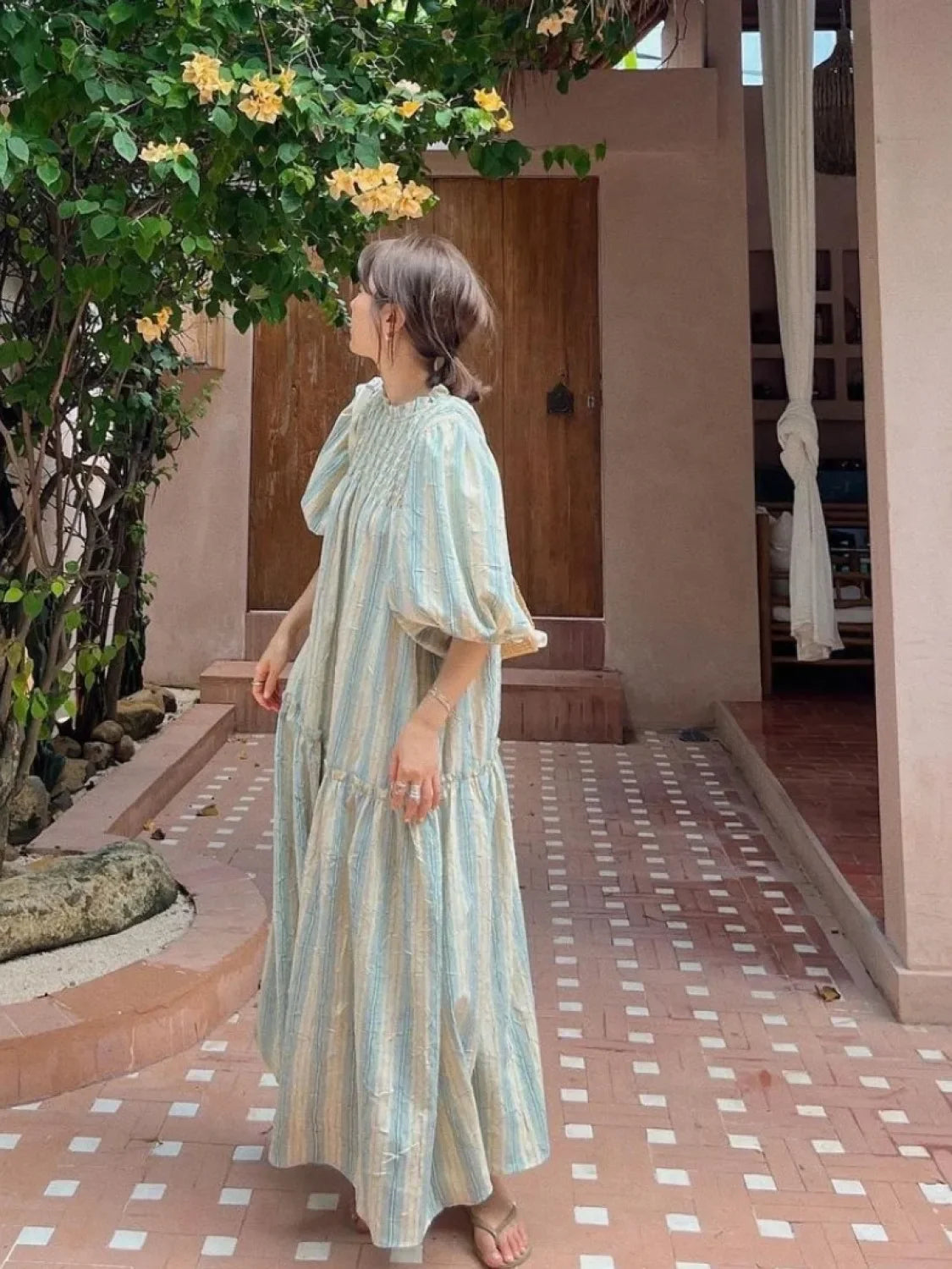 Women's Summer Loose Striped Long Dress Stand Collar Wide Waist Pullover Maxi Holiday Sundress Female