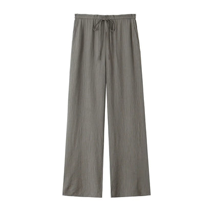 Drawstring Elastic Waist Wide Leg Summer Women Pants Beige Casual Loose Female Long Pantalones 2025 5 Colors Pants