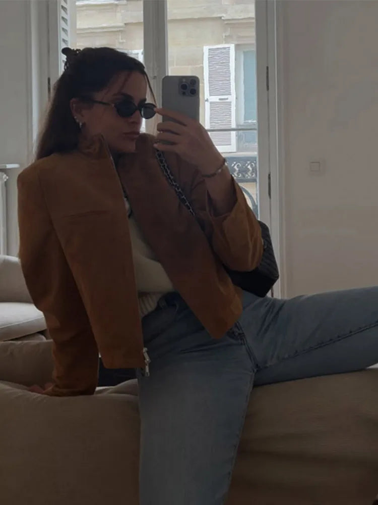 Stand Collar Suede Leather Jacket Coat Zipper Retro Long Sleeved Casual Biker Jackets Loose Fashion Front Shoulder Short Outwear