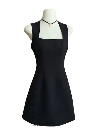 Slimming A-Line Dress Vest Style Korean Version Spring New Arrival Women's Fashionable Black Dress Commute Polyester Fiber