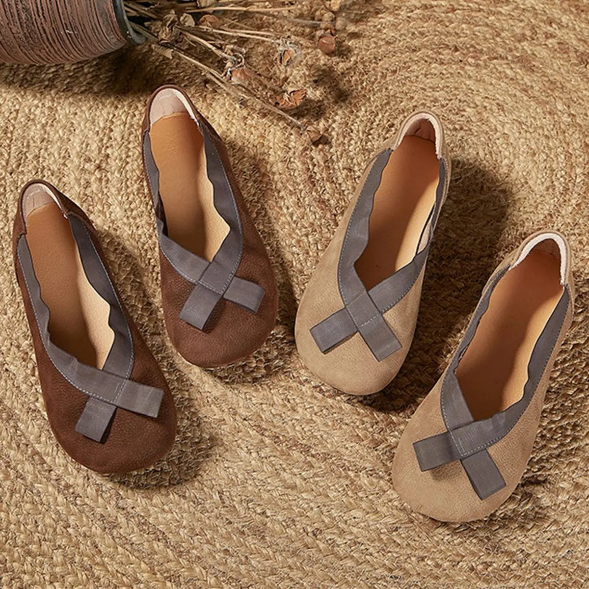 Pea Shoes Genuine Leather Soft Sole Brown Retro Wide Toe Slip-On Mommy Flats One Pedal Slip-on Flat New Women's Shoes