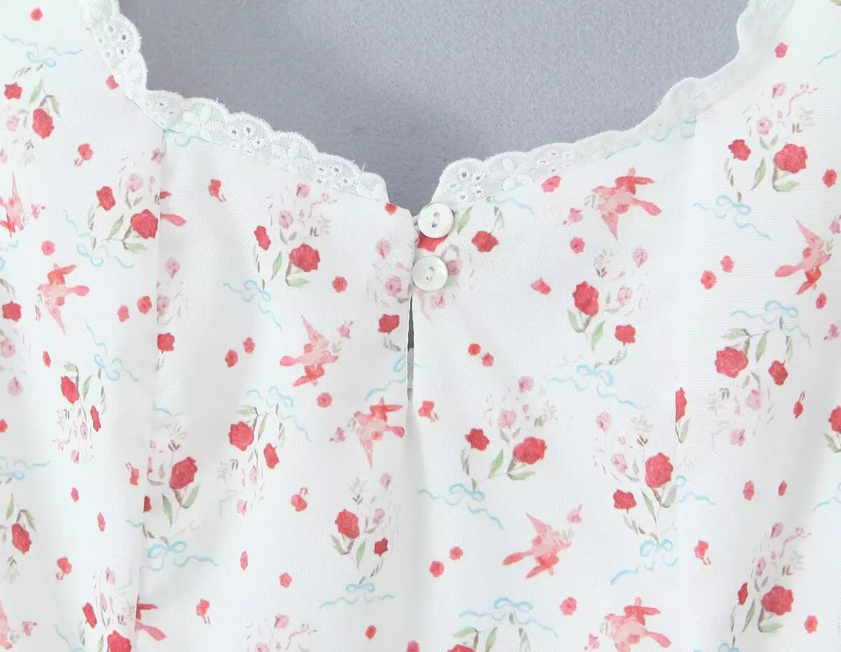 Sweet Girl French Style Floral Print Sleeveless Dress Women Lace Spliced A-line Summer Mini Dress Holiday Robe Vestidos