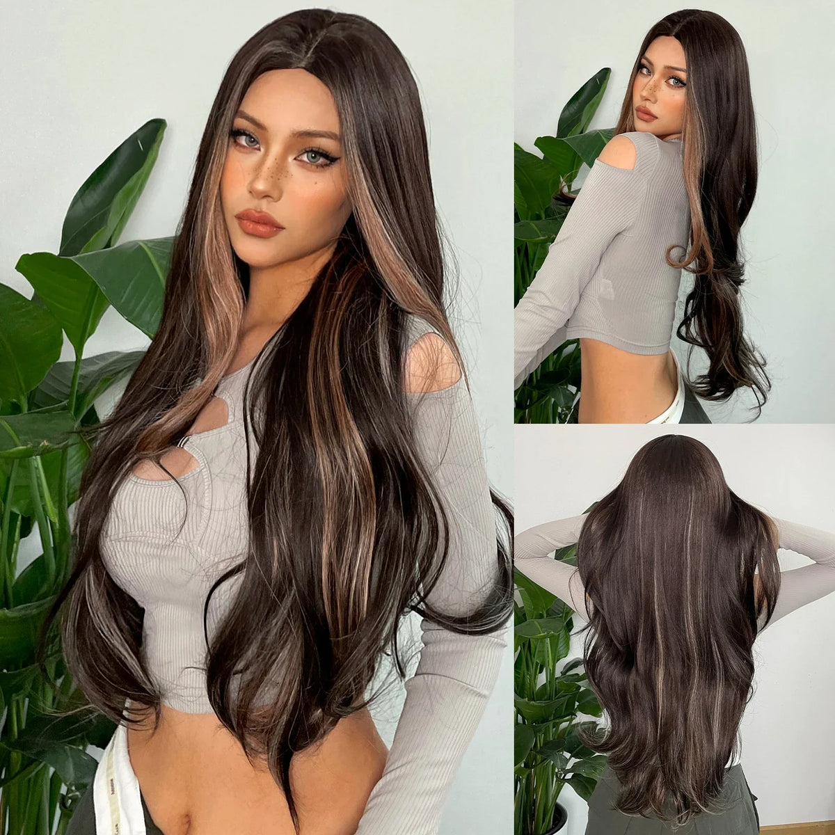 Black Highlight Rose Red Wig With Curtain Bangs 18inch Natural Layered Straight Synthetic Wig For Women Christmas Party Cosplay