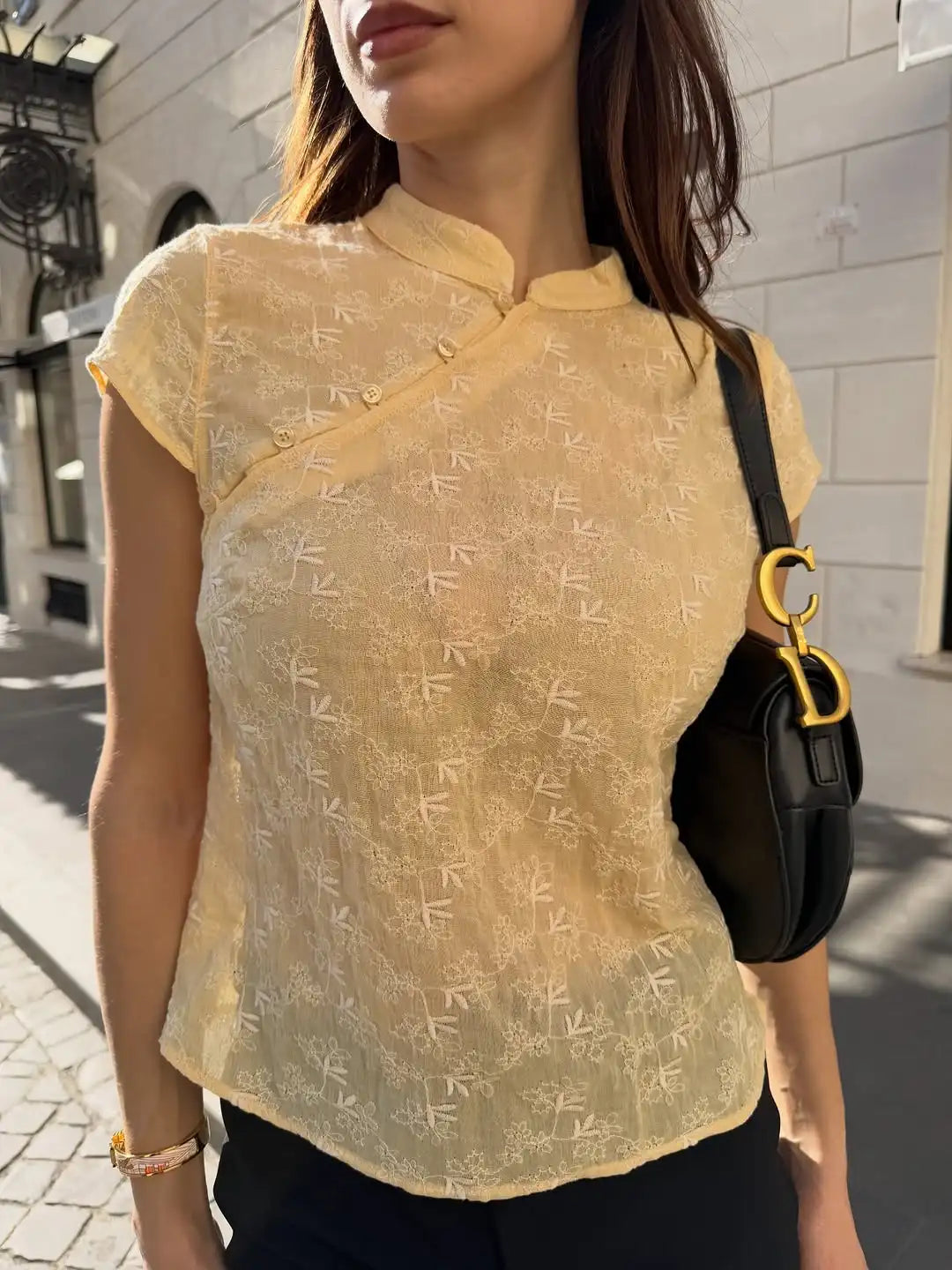 Short Sleeve New Chinese Style Embroidered Top Women Yellow Mandarin Collar Slim Fit Tops Spring Elegant Casual Blouse