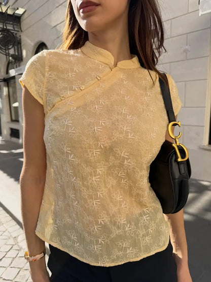 Short Sleeve New Chinese Style Embroidered Top Women Yellow Mandarin Collar Slim Fit Tops Spring Elegant Casual Blouse