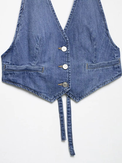 Summer Sexy Chic Women Tank Tops Solid Halter V-Neck Denim Tank Tops New Fashion Backless Mujer Tops