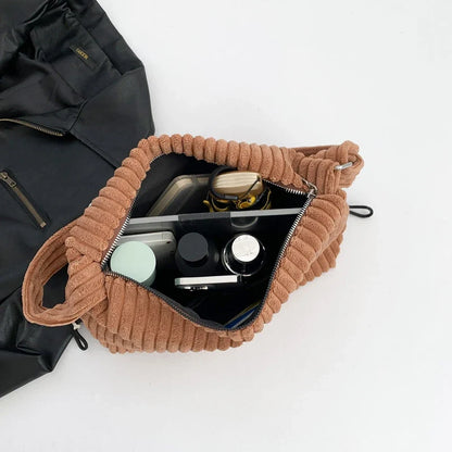 Beige Corduroy Bag For Women Simple Shoulder Bag Versatile Shopper Underarm Handbag Purse Zipper Small Messenger Bag Travel