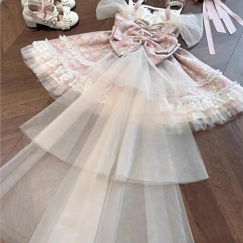 Pink Jacquard Girly Style Dress Sweet Girl Puffy Trailing Birthday