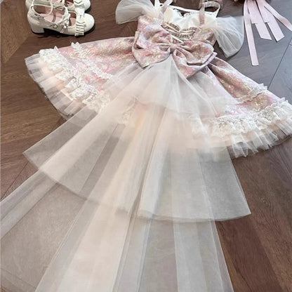 Pink Jacquard Girly Style Dress Sweet Girl Puffy Trailing Birthday