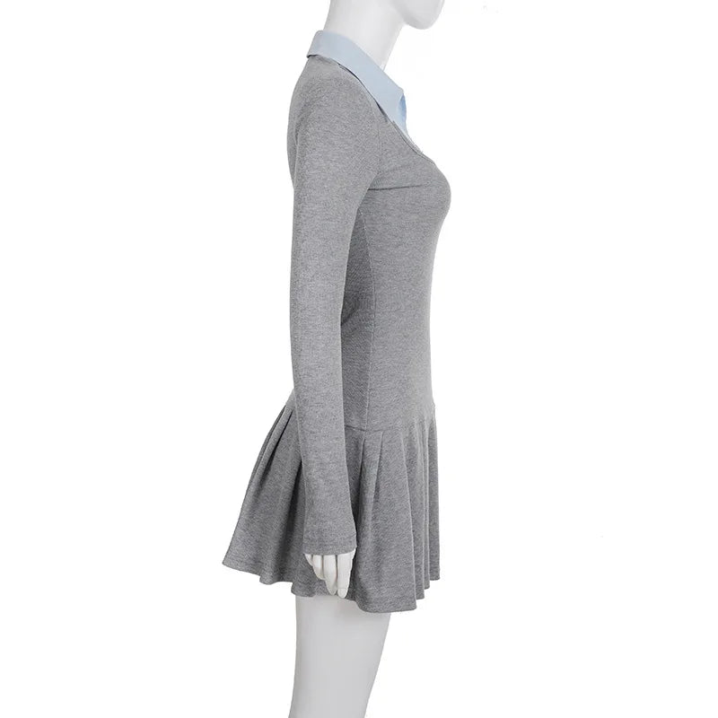 Korean Preppy Style Grey Dress Women's Patchwork Lapel Collar Button Long Sleeve Slim Fake Two-Piece Pleated Mini Dress