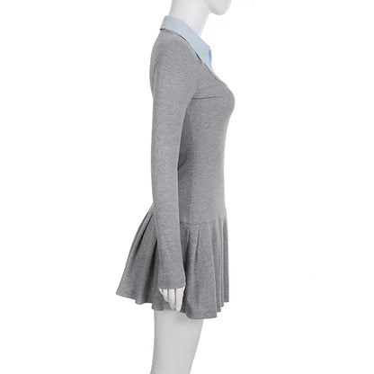 Korean Preppy Style Grey Dress Women's Patchwork Lapel Collar Button Long Sleeve Slim Fake Two-Piece Pleated Mini Dress