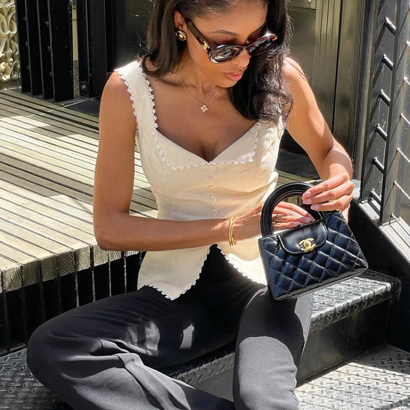 Women's Vintage Sleeveless Camisole Top Summer Slim Solid Crop Tops Party Casual Street Bodycon Button Cardigan Tank Top