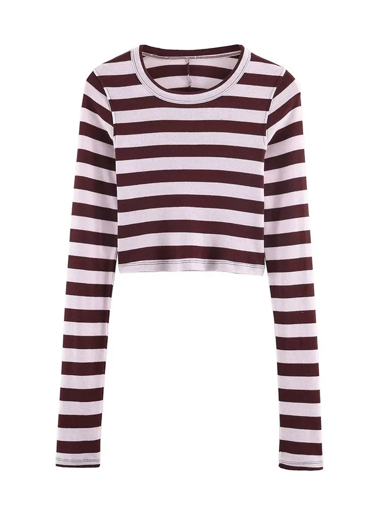 Women's Spring Fashion Versatile Round Neck Striped Short Pullover Top Female Elegant High Street Casual Long Sleeve Top