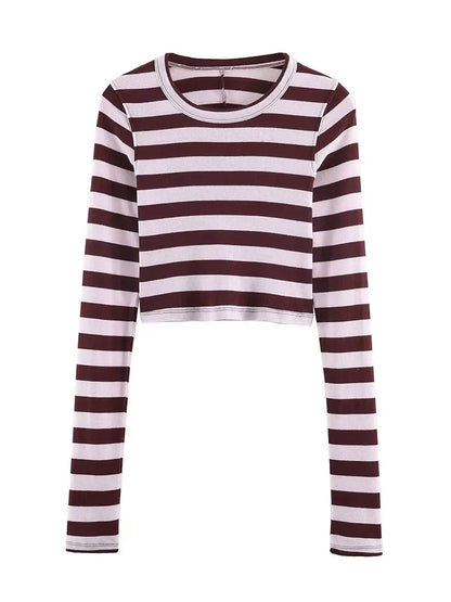 Women's Spring Fashion Versatile Round Neck Striped Short Pullover Top Female Elegant High Street Casual Long Sleeve Top