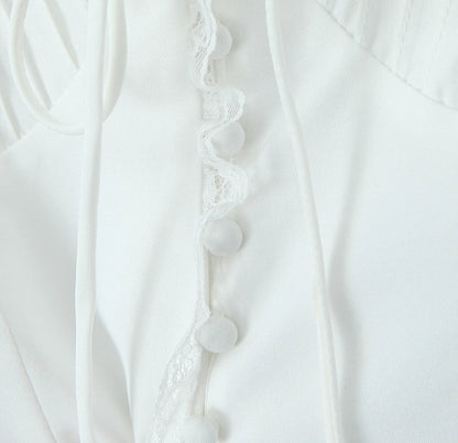 New Summer Short-sleeved Tops Solid Lace Edges V-neck Pleated Design Elegant White Shirt Fashion Holiday Party Crop Tops