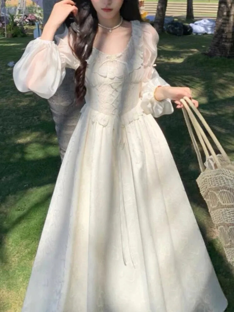 Women Puff Sleeves Floral Lace Up Midi Dress Summer Elegant Medieval Retro Evening Party Prom Chic One-piece Clothing