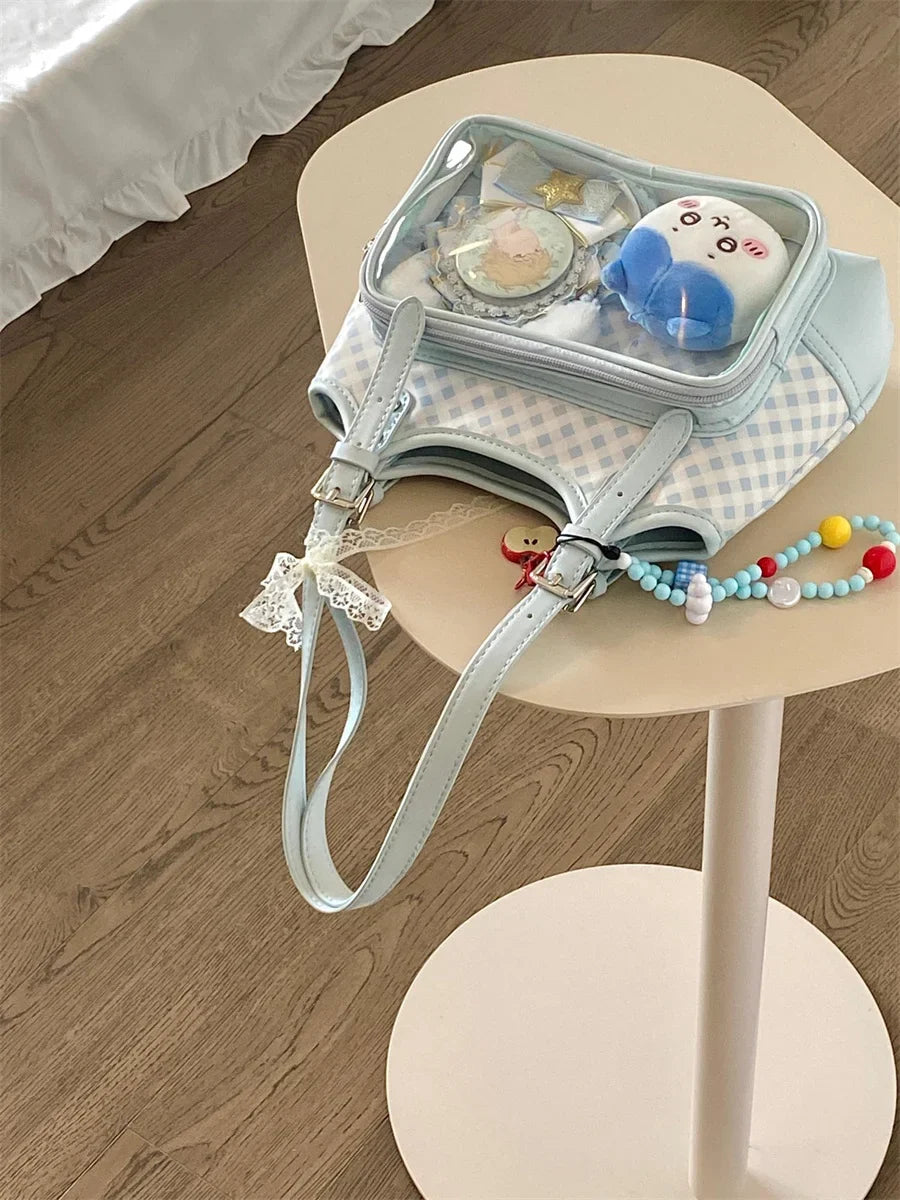 Original Lolita Sky Blue Plaid Small Capacity Transparent Pain Bag 10cm Baby Bag Daily Commuting Class Portable Shoulder Bag