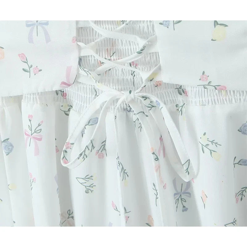 Floral Print Fishbone Slim Sling Mini Dress For Women Sexy Thin Straps Low Waist Holiday Party Summer Dresses Lace Up Back Robe