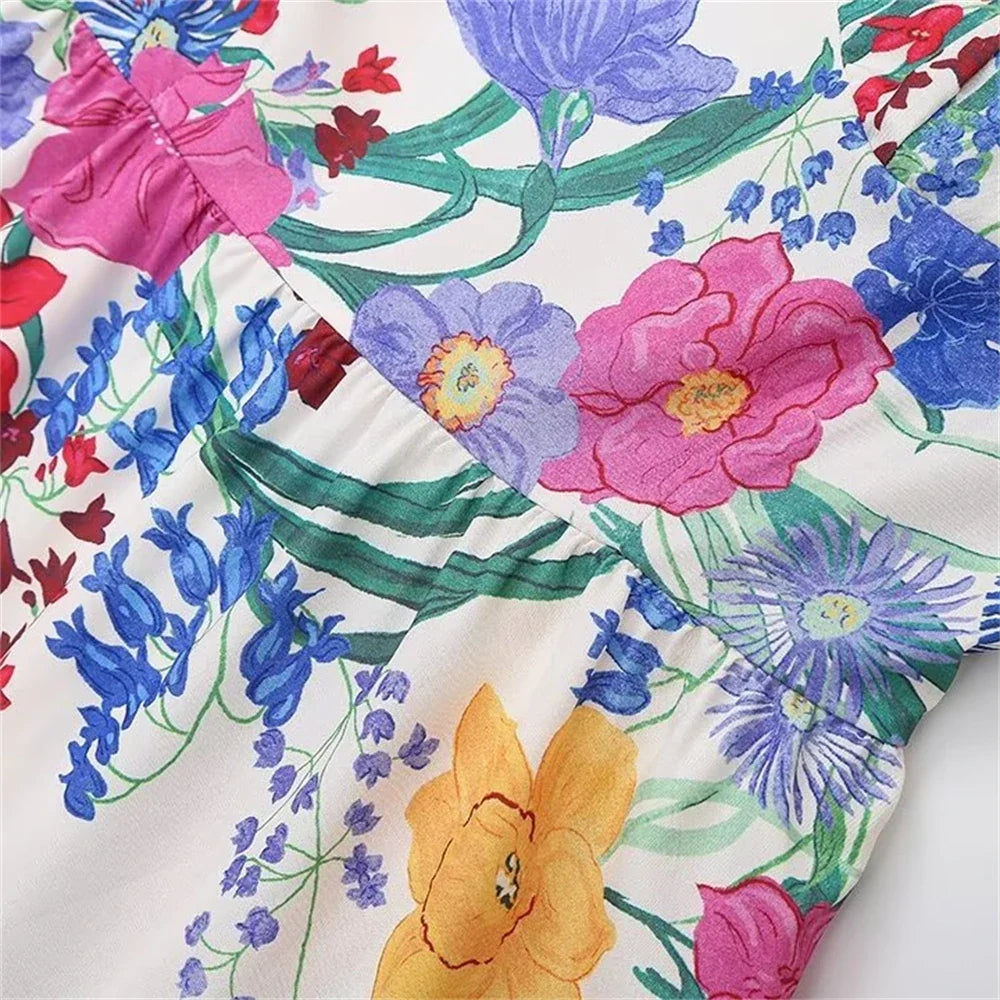 Women's Summer New Fashion Simple Four sided Spring Flower Print Waistless Sleeveless Hanging Strap Dress