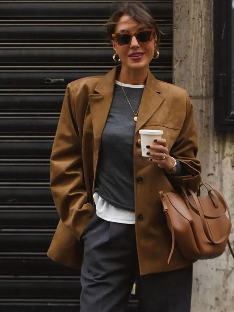 Casual Brown Cropped Lapel Women's Jacket Fashion Single Breasted Long Sleeve Loose Coat New Winter Chic Female Streetwear